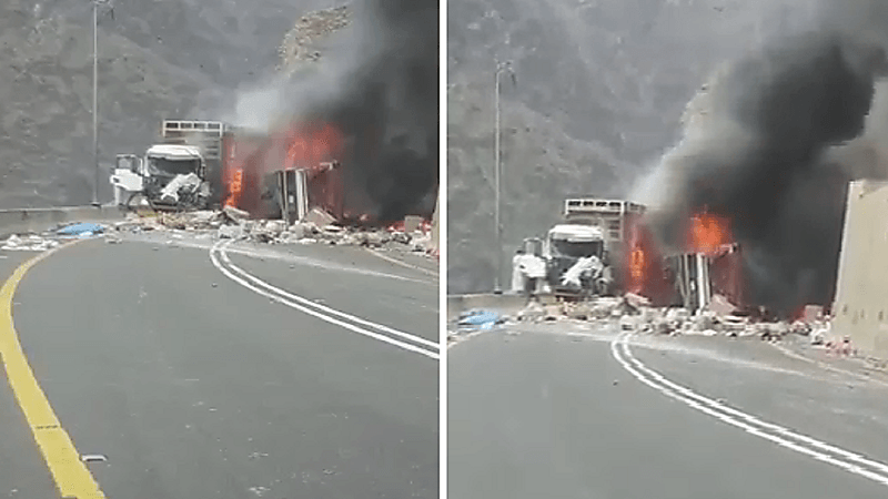 بالفيديو.. نشوب حريق في مركبتين إثر حادث تصادم بعقبة شعار