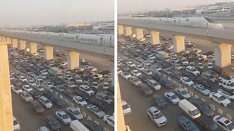 لحظة عبور قطار الحرمين السريع من فوق تزاحم سيارات .. فيديو