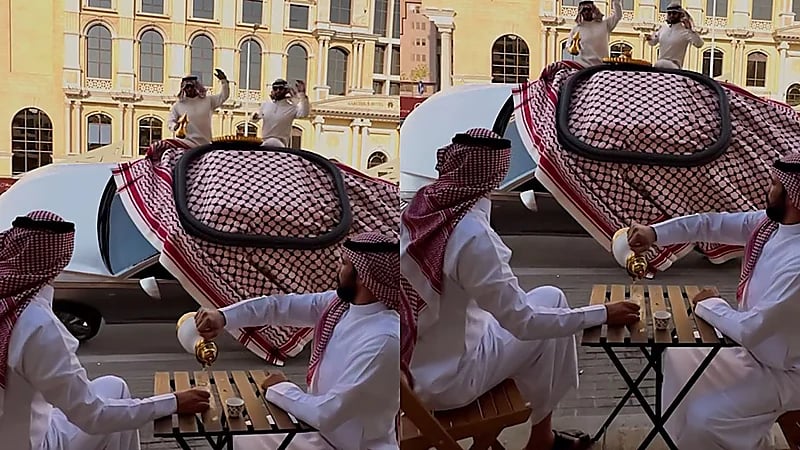 سيارة بالشِماغ والعقال: تفحيط مثير لسعوديين وسط أجواء القهوة .. فيديو