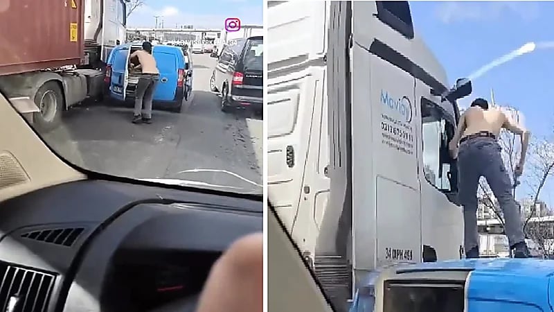 رجل يحطم زجاج شاحنة بآلة حادة بعد الاصطدام بها .. فيديو