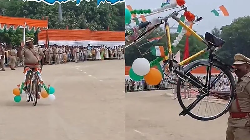 شرطي هندي يستعرض قوته برفع دراجة بأسنانه بمناسبة يوم الاستقلال.. فيديو