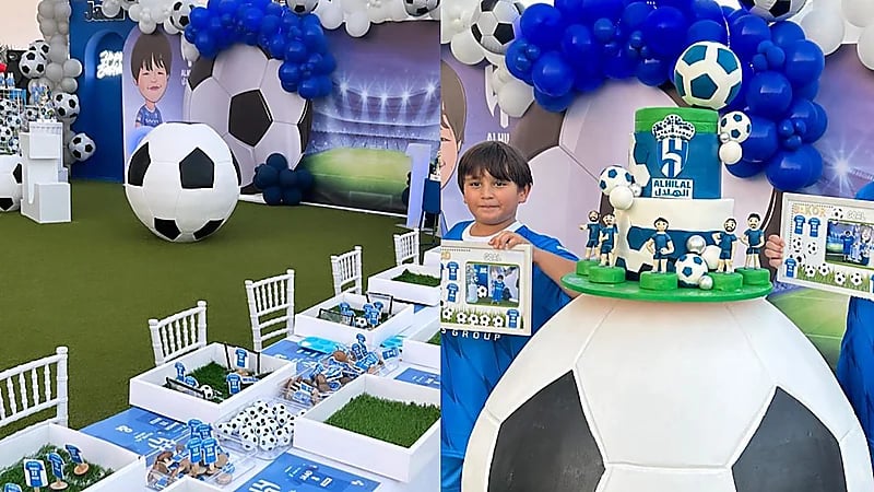 عائلة طفل هلالي تنظم حفل ميلاده بشعارات الهلال وفعاليات مبهرة .. فيديو