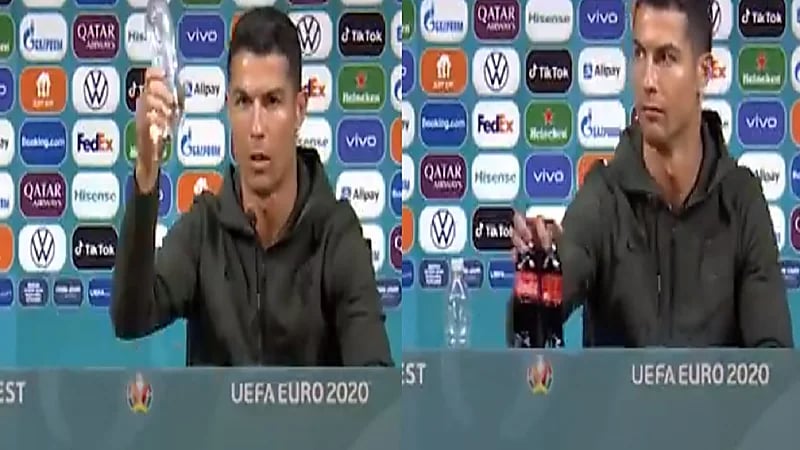 بالفيديو.. رونالدو يزيح زجاجتين "كوكاكولا" من أمامه: "اشربوا الماء"