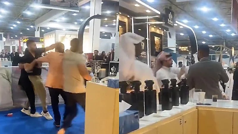 مضاربة عنيفه بين رجلين في معرض عطور بالكويت .. فيديو