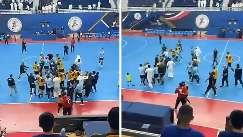 مشاجرة عنيفة بين لاعبي القادسية وكاظمة بنصف نهائي كرة اليد .. فيديو
