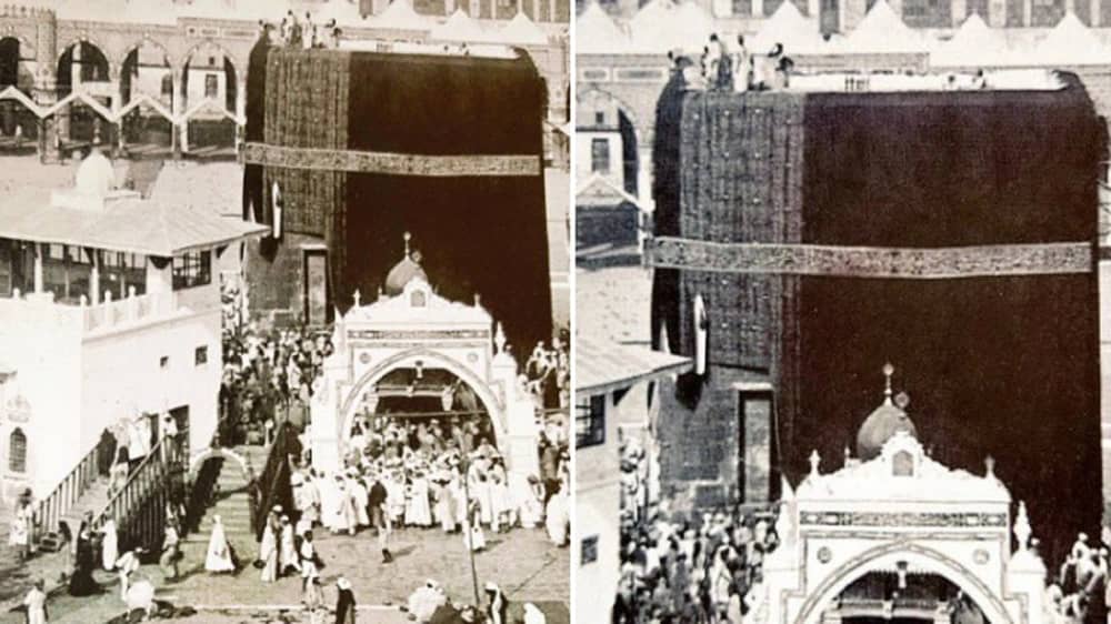 لقطات نادرة لاستبدال كسوة الكعبة قبل 100 سنة .. فيديو
