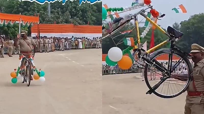 شرطي هندي يستعرض قوته برفع دراجة بأسنانه بمناسبة يوم الاستقلال.. فيديو