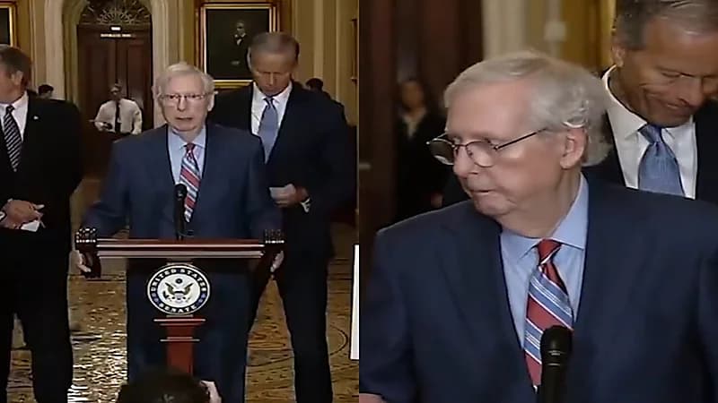 لحظة تجمد زعيم الجمهوريين بالشيوخ الأمريكي بمؤتمر صحفي.. فيديو